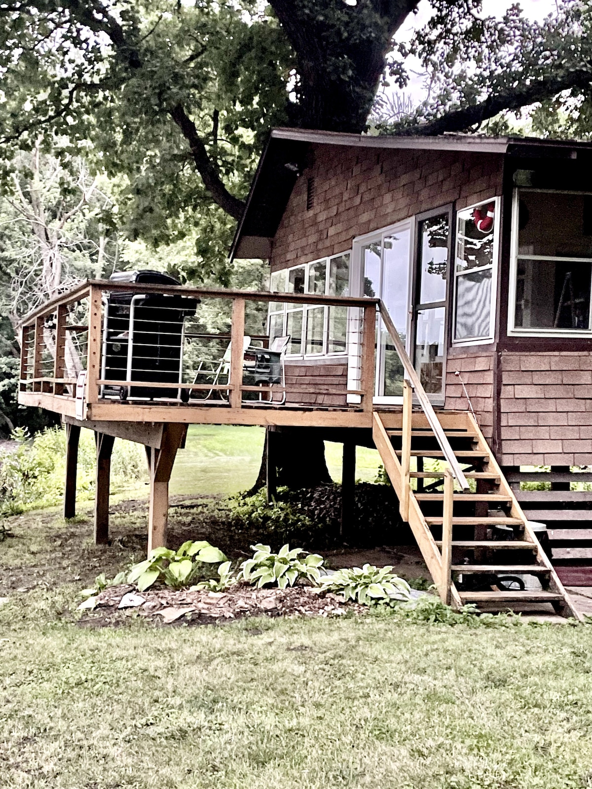 The cabin is elevated on wooden supports with a wraparound deck featuring a railing. Stairs lead down to the grassy area below, surrounded by shrubbery. Large windows offer views of the natural landscape, creating a connection between indoor and outdoor spaces.