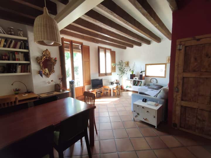 Dhoma e ngrënies në dhomën e ndenjjes. Me shumë dritë dhe pamje nga kopshti i shtëpisë.