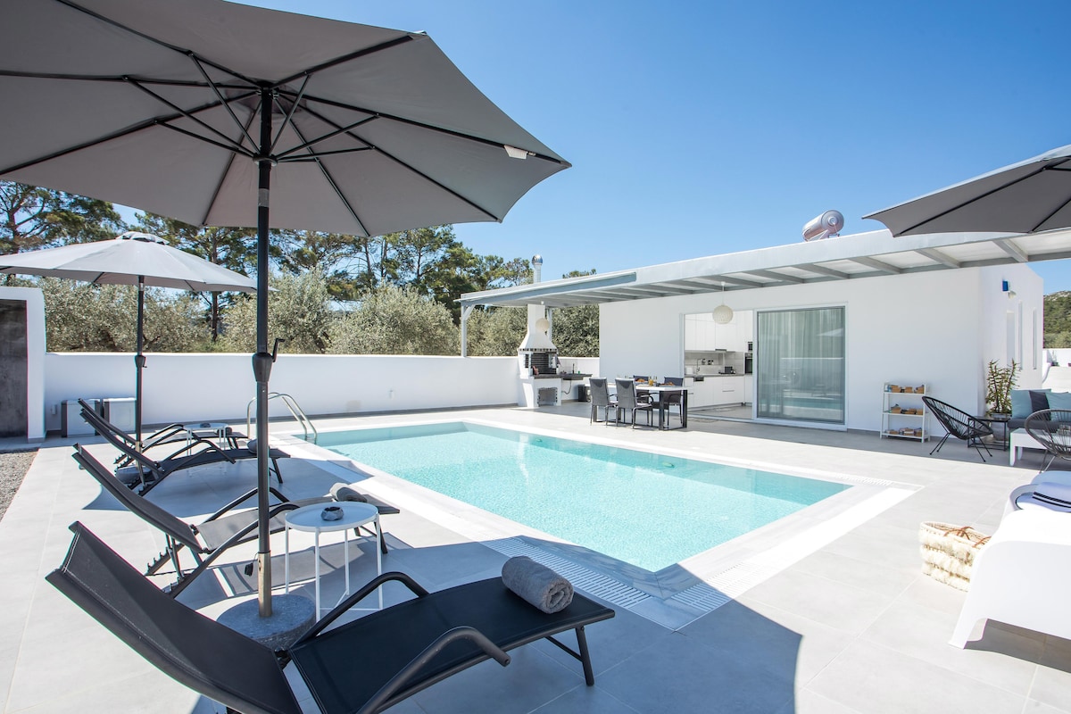 An outdoor area is displayed, featuring a swimming pool surrounded by sun loungers under large umbrellas. A dining area with outdoor seating is visible in the background, along with a modern architectural structure reflecting a minimalist design. Olive trees provide a natural backdrop.