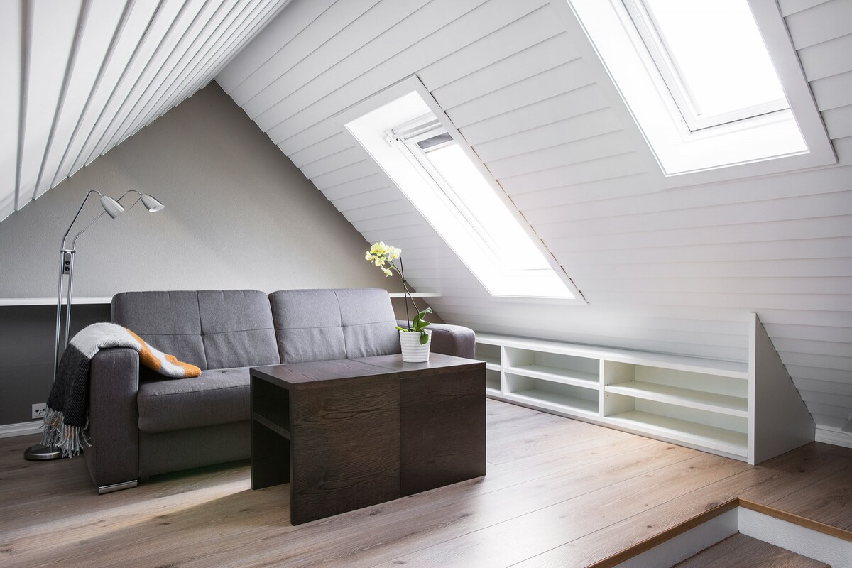 An attic-style living area features a gray sofa complemented by an orange accent pillow. A dark wood coffee table occupies the center, while a potted plant adds a touch of greenery. Natural light floods the space through two skylights set within slanted white walls.