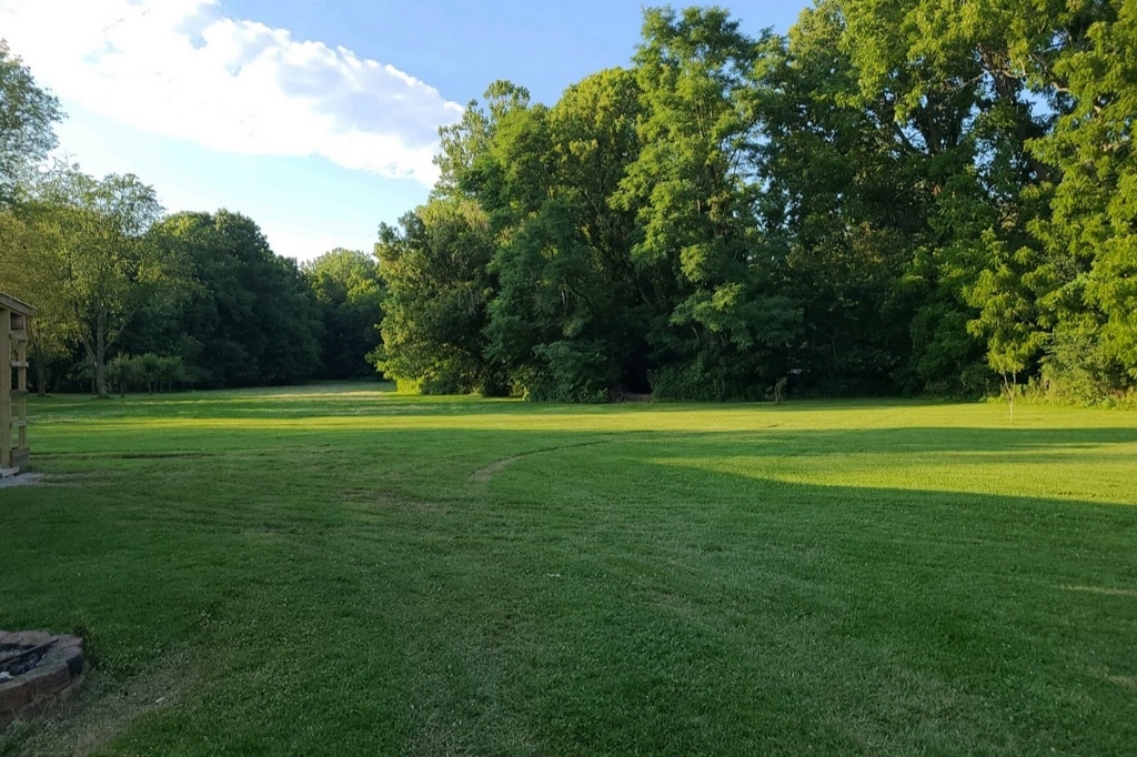 A spacious green lawn is surrounded by mature trees, creating a natural and serene setting. The landscape features well-maintained grass with gentle curves leading towards a wooded area in the background, inviting relaxation and exploration.
