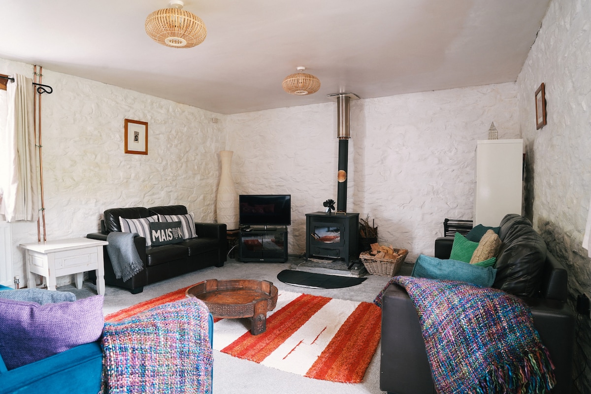 休息区配有自己的原木燃烧器，为您加热此房间，晚上感觉更加舒适。 适合流媒体的智能电视和DVD播放器，适合儿童和成人