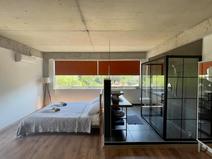 Chambre #1 : 
Chambre industrielle moderne avec salle de bain ouverte et placard. Belle vue sur le jardin 