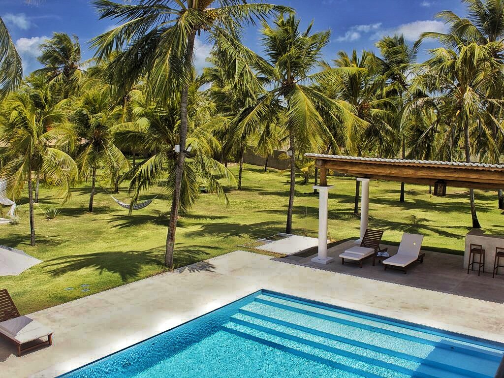 A semi-olympic sized swimming pool is visible in the foreground, with clear blue water reflecting the sky. Surrounding palm trees create a lush backdrop, while a shaded outdoor area with lounge chairs is located to the right. A spacious lawn extends beyond the pool area.