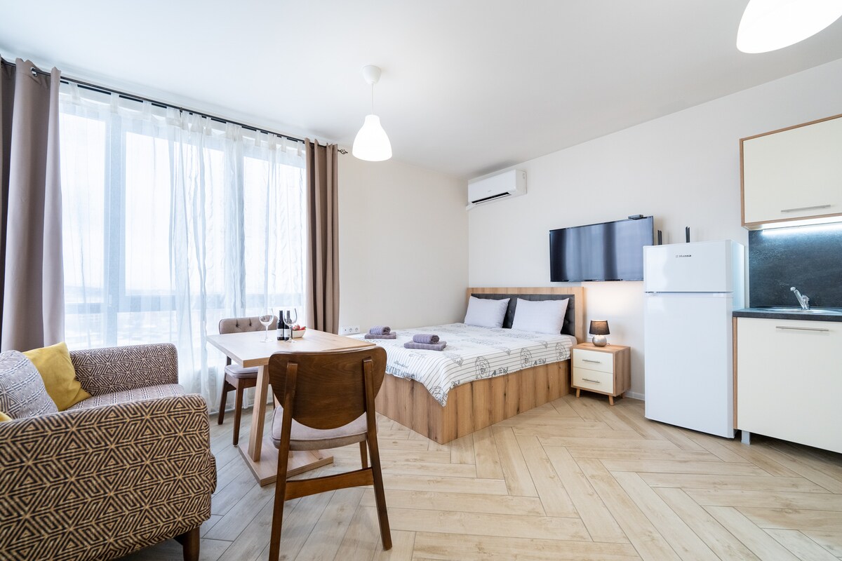 A bright studio apartment features a spacious bed complemented by a cozy armchair and a dining area with a wooden table. A wall-mounted television and a compact kitchen are included. Natural light filters through large windows, and modern decor enhances the overall ambiance.