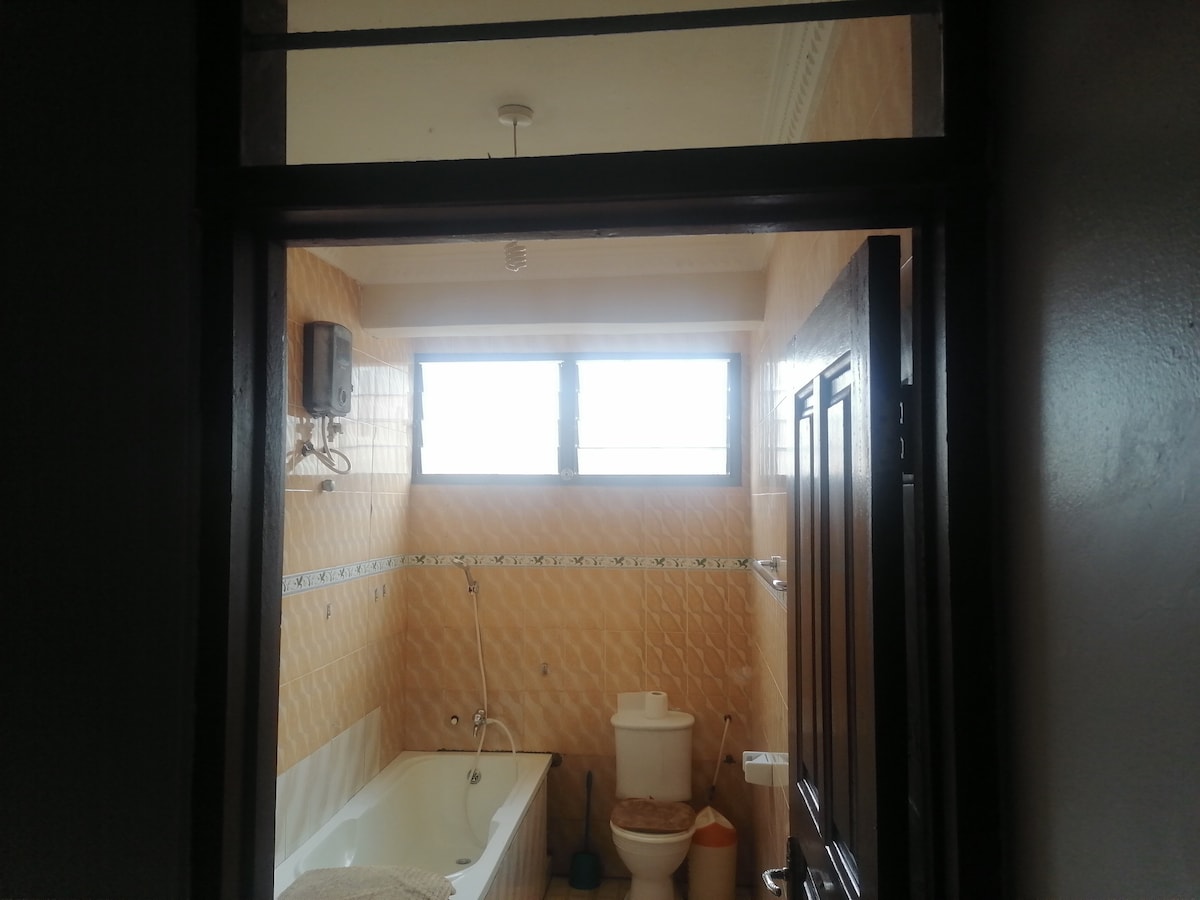 A well-appointed bathroom is observed through an open door. A bathtub with a showerhead is positioned against one wall, while a toilet is located nearby. Natural light filters through two windows, illuminating the neutral-toned tiled walls.