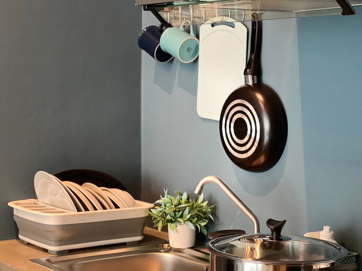 A compact kitchen area is equipped with a stainless steel sink and a metal pot on the stove. Hanging above are a black frying pan and several mugs. A dish rack holds clean plates, complemented by a small potted plant on the counter.