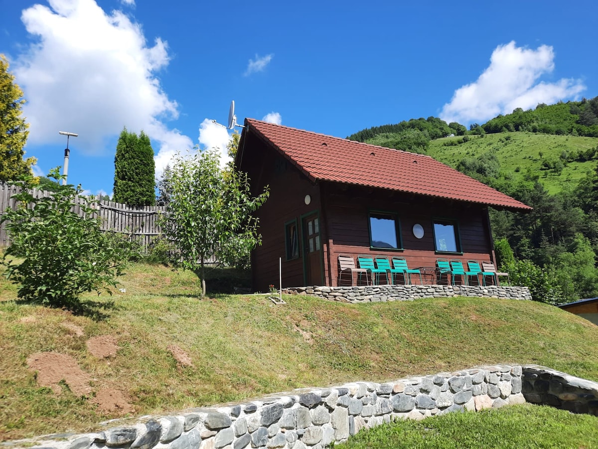 A charming chalet is situated on a grassy hillside, surrounded by lush vegetation and trees. The wooden structure features a sloped roof and multiple windows, with seating positioned on a stone terrace, inviting relaxation while enjoying the scenic landscape.