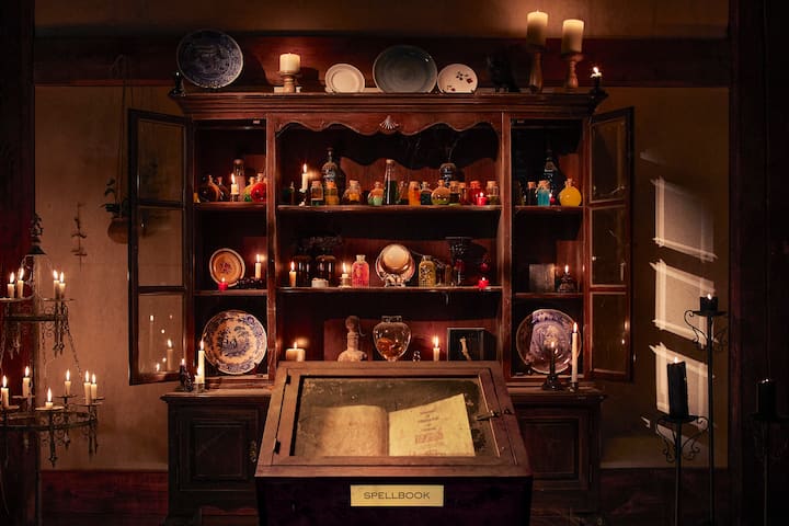 Among the broomsticks and apothecary bottles, our beloved Manual of Witchcraft and Alchemy sleeps deeply – lest something (or someone) wakes it. sanderson sister inspired cottage airbnb hocus pocus 2