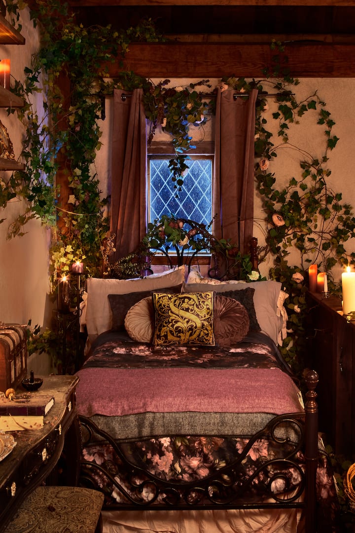 A bit of overgrowth adds to the charm. sanderson sisters inspired cottage hocus pocus 2 airbnb