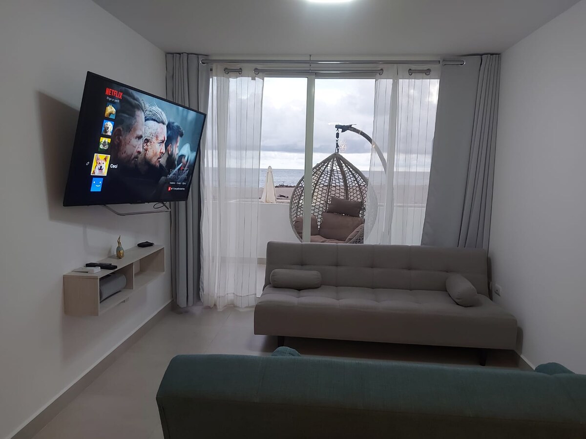 living room with two sofa beds, 
55 'Smart tv with netflix and disney+, Balcon with nest swing 