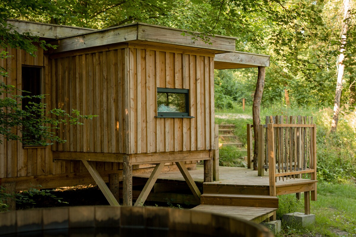 A wooden cabin sits nestled among trees, featuring a small terrace that extends from the structure. The exterior showcases natural wood paneling, with a single window framed in dark hues. Surrounding greenery enhances the secluded feel of the cabin.