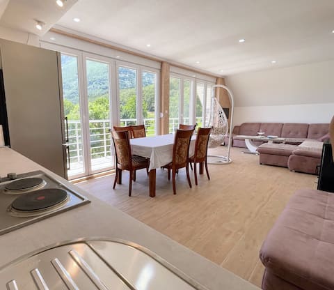 minimalist room with bathroom , mountain view  3