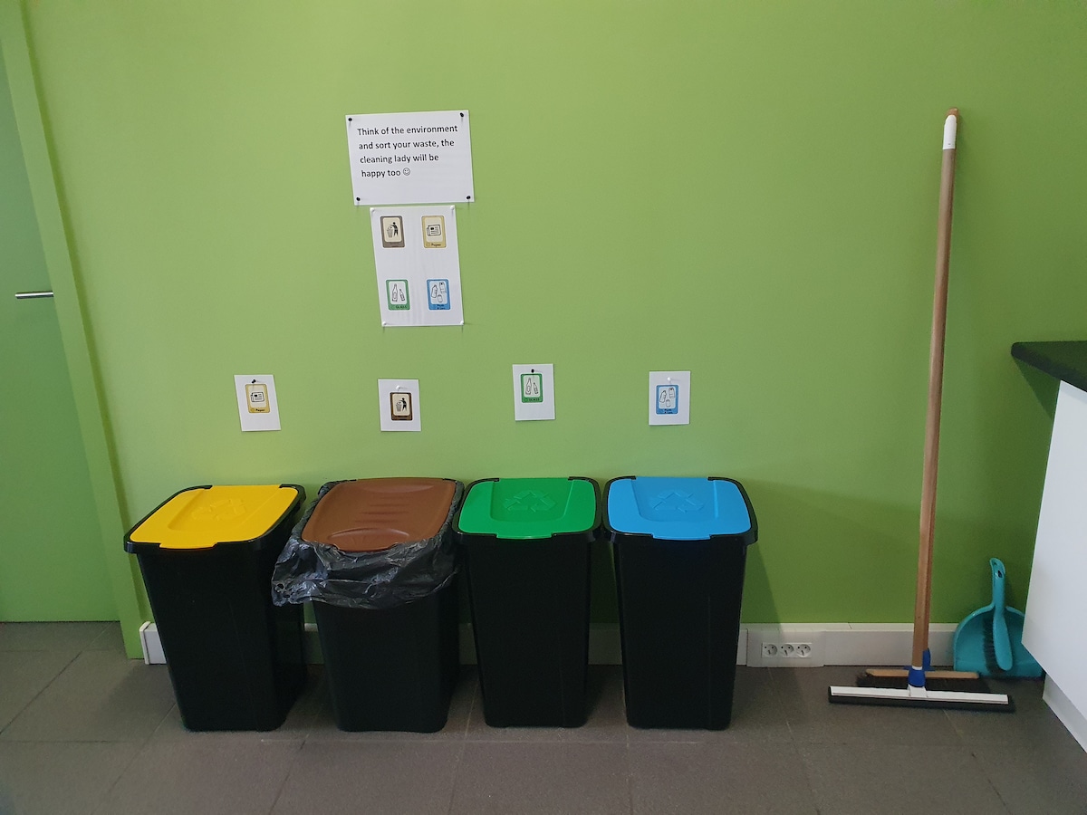 A collection of four recycling bins is positioned against a vibrant green wall. The bins are color-coded—black, yellow, brown, and green—for easy identification. Above the bins, instructional signs are displayed, along with corresponding icons, promoting eco-friendly waste disposal practices. A squeegee rests nearby for cleaning.