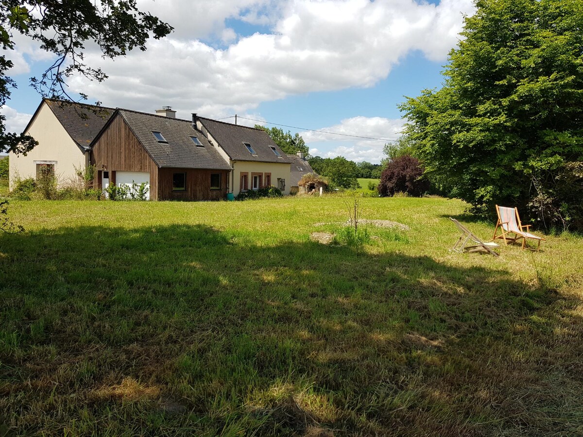 A spacious outdoor area is depicted, featuring a well-maintained grassy lawn alongside a modern structure. Trees line the perimeter, providing natural shade. A seating area with lounge chairs invites relaxation, while soft clouds drift across a bright blue sky.