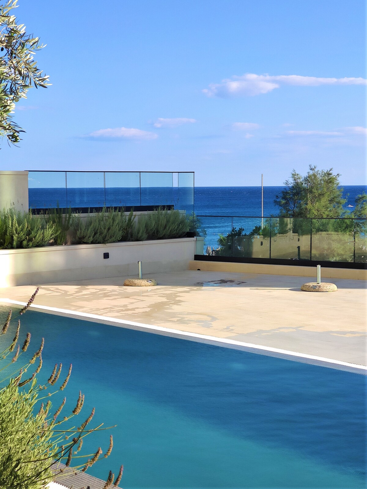 An outdoor swimming pool features a clear view of the sea and beach, framed by lush green plants and modern fencing. The pool's tranquil surface reflects the blue sky, creating a serene atmosphere. Deckchairs are positioned nearby for relaxation.