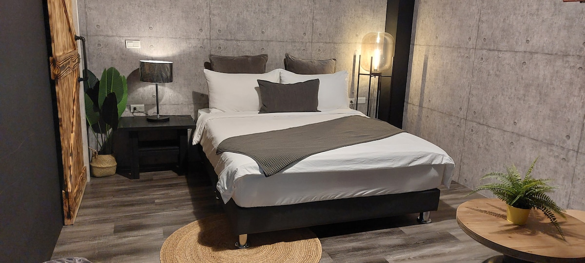 A spacious sleeping area features a large bed adorned with neutral-toned linens and two decorative pillows. The walls are finished in a modern concrete style, complemented by a softly glowing lamp and a small side table. A green plant adds a touch of nature to the space.