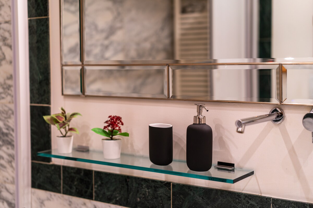 The bathroom showcases a marble wall with a mirrored cabinet above a glass shelf. Two small potted plants are placed on the shelf alongside a black soap dispenser and a black container. The overall design is clean and modern.