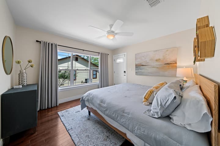 Bedroom 3 offers a king bed and its own private exterior door to the driveway — perfect for couples or guests who want easy, independent access during your Texas Hill Country getaway.