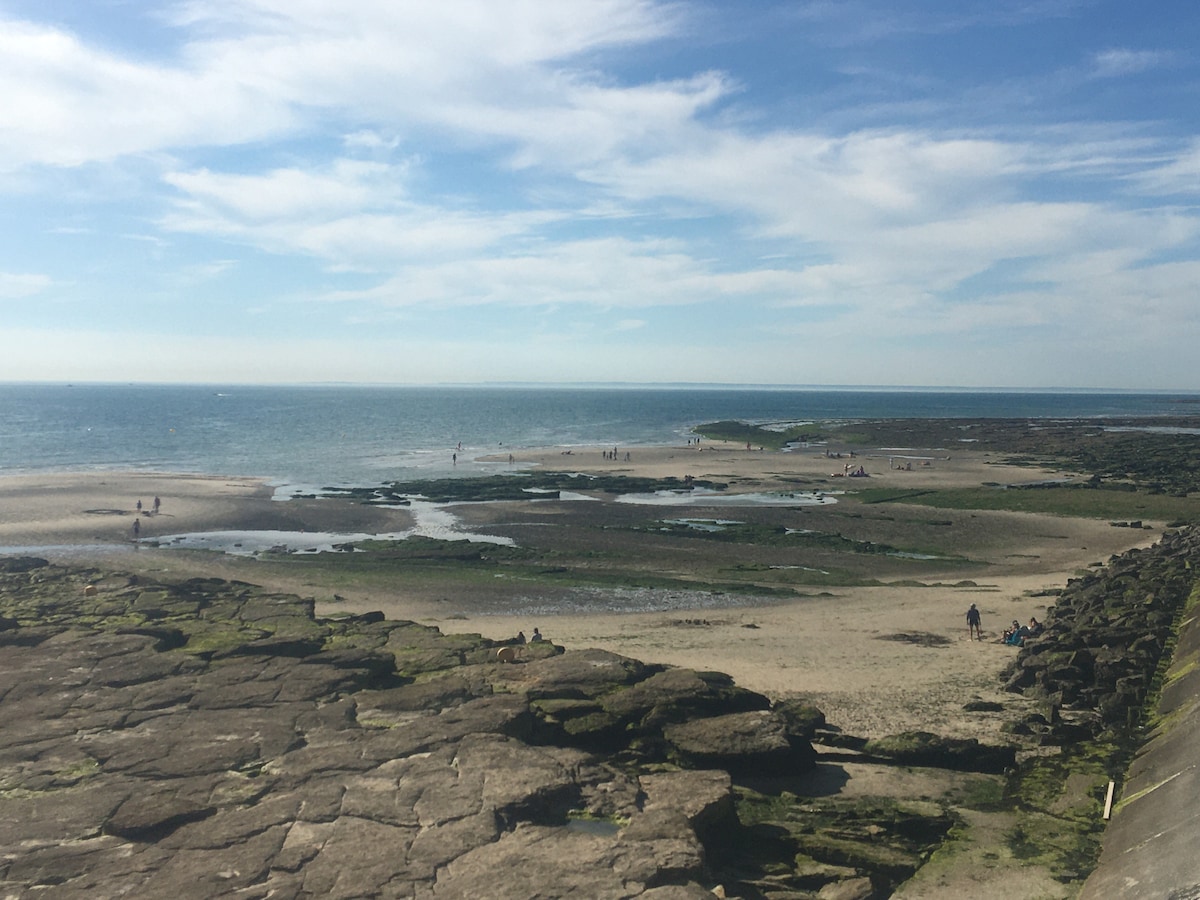 A vast sandy beach is observed extending towards the horizon, met by calm waters. The scene includes smooth rocks scattered among the sand, with a few distant figures walking along the shore. Soft clouds drift across a clear blue sky.