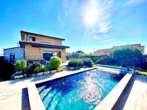 Stunning wooden house with pool.