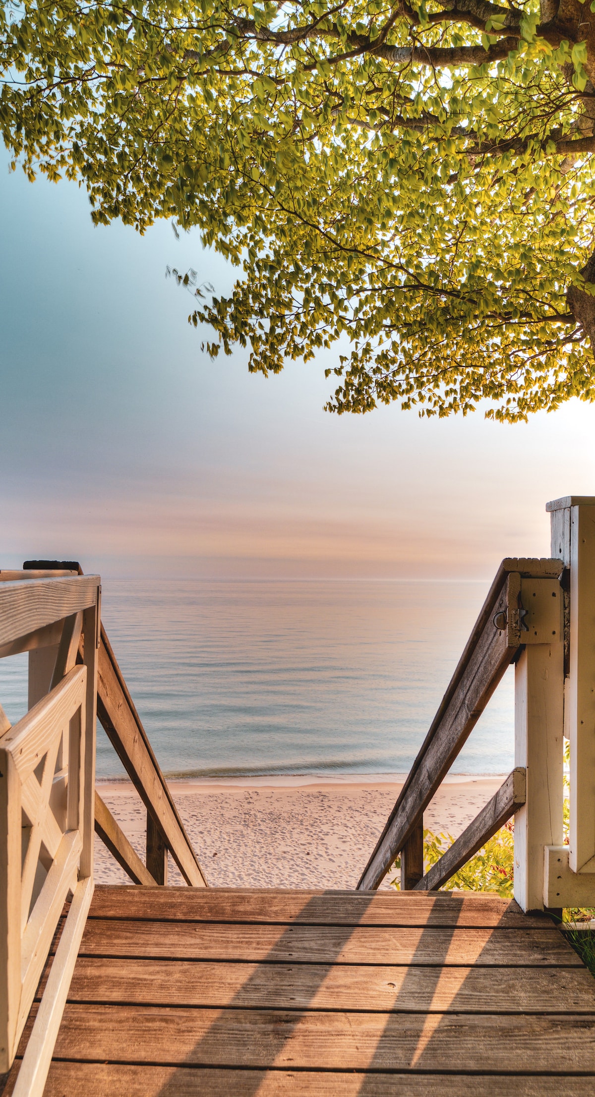 A wooden staircase leads down towards a serene beach at Lake Michigan. The calm water reflects soft hues of orange and blue from the setting sun. Lush greenery from a nearby tree frames the view, adding a touch of natural beauty to the scene.