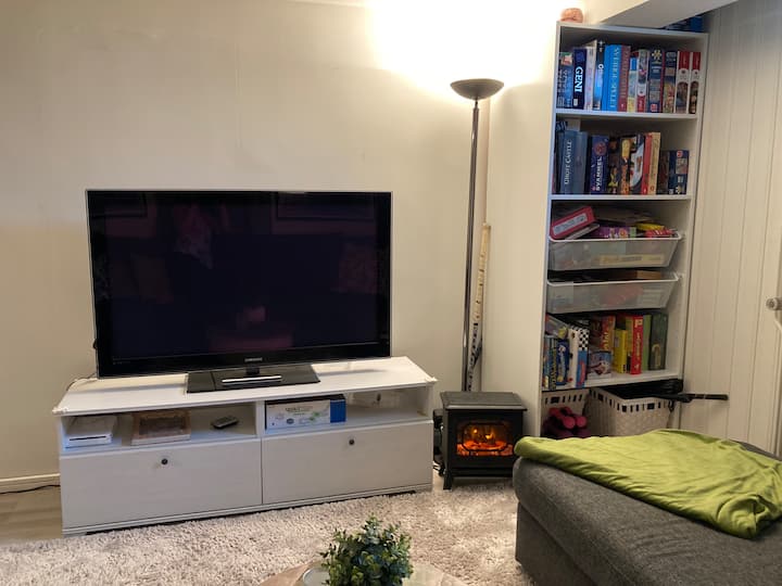 Televisheni na kabati zima lenye michezo ya ubao na mafumbo. 