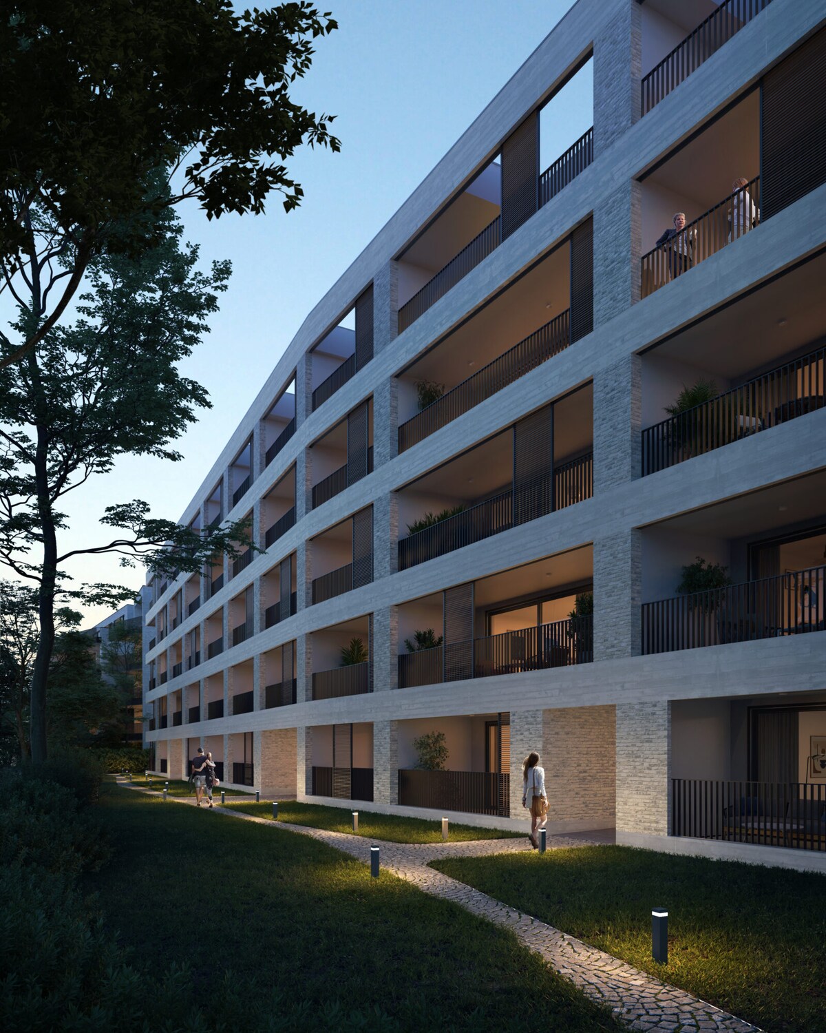 A modern apartment complex is depicted in the evening light, showcasing three levels with balconies on each unit. A well-maintained path lined with subtle lighting leads through the landscaped grounds, while greenery frames the building's exterior, enhancing the serene environment.