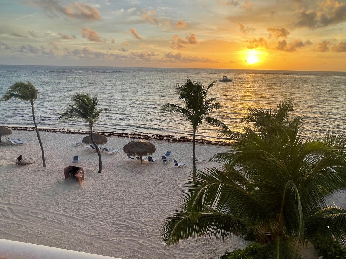 A serene beach scene is captured during sunset, featuring gentle waves lapping against the shore. Palm trees frame the view, with lounge chairs positioned under thatched umbrellas on the soft sand, creating a peaceful coastal atmosphere.