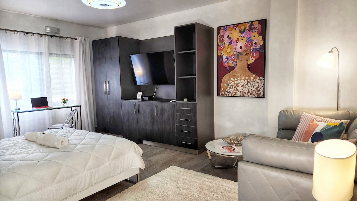 A contemporary room features a spacious bed adorned with a rolled towel. A large television is mounted on dark cabinetry, complemented by an artistic wall piece. Natural light filters through sheer curtains, illuminating a comfortable seating area with a side table.