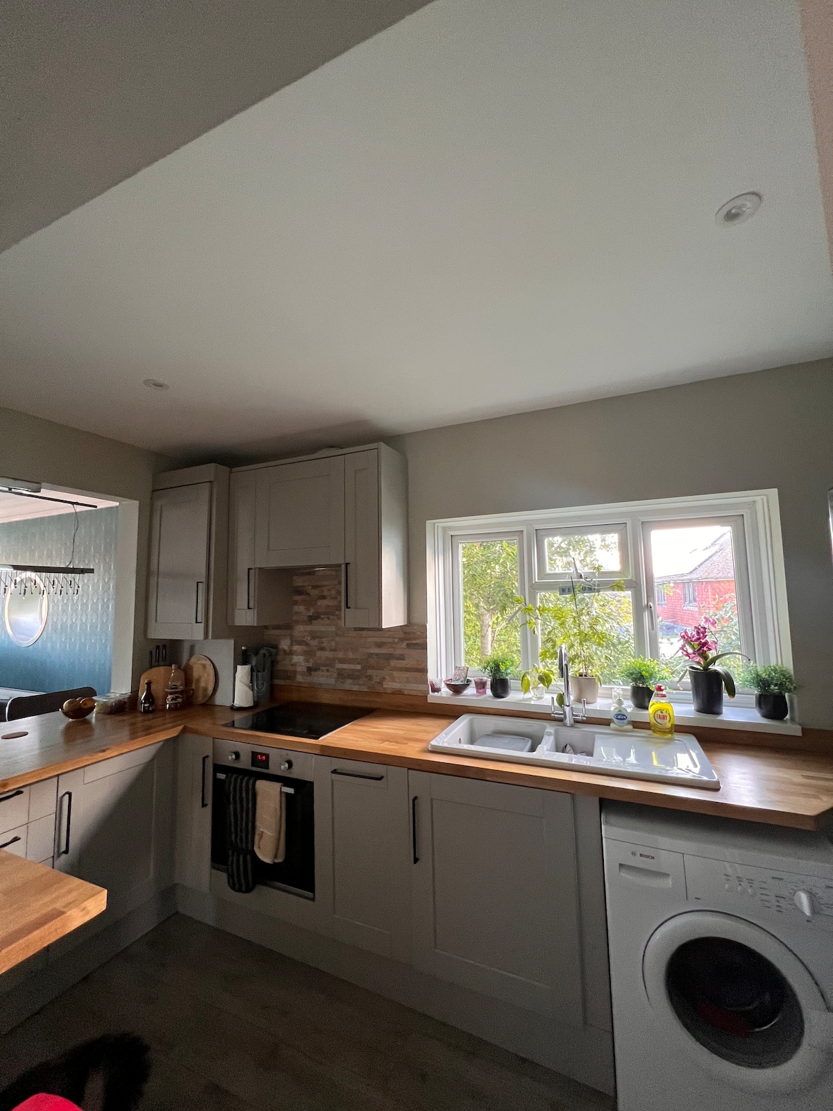 The kitchen features modern cabinetry, with a light grey finish and wooden countertops. A window allows natural light to illuminate the space, surrounded by various plants. A washing machine is positioned next to the sink, contributing to the functional layout.