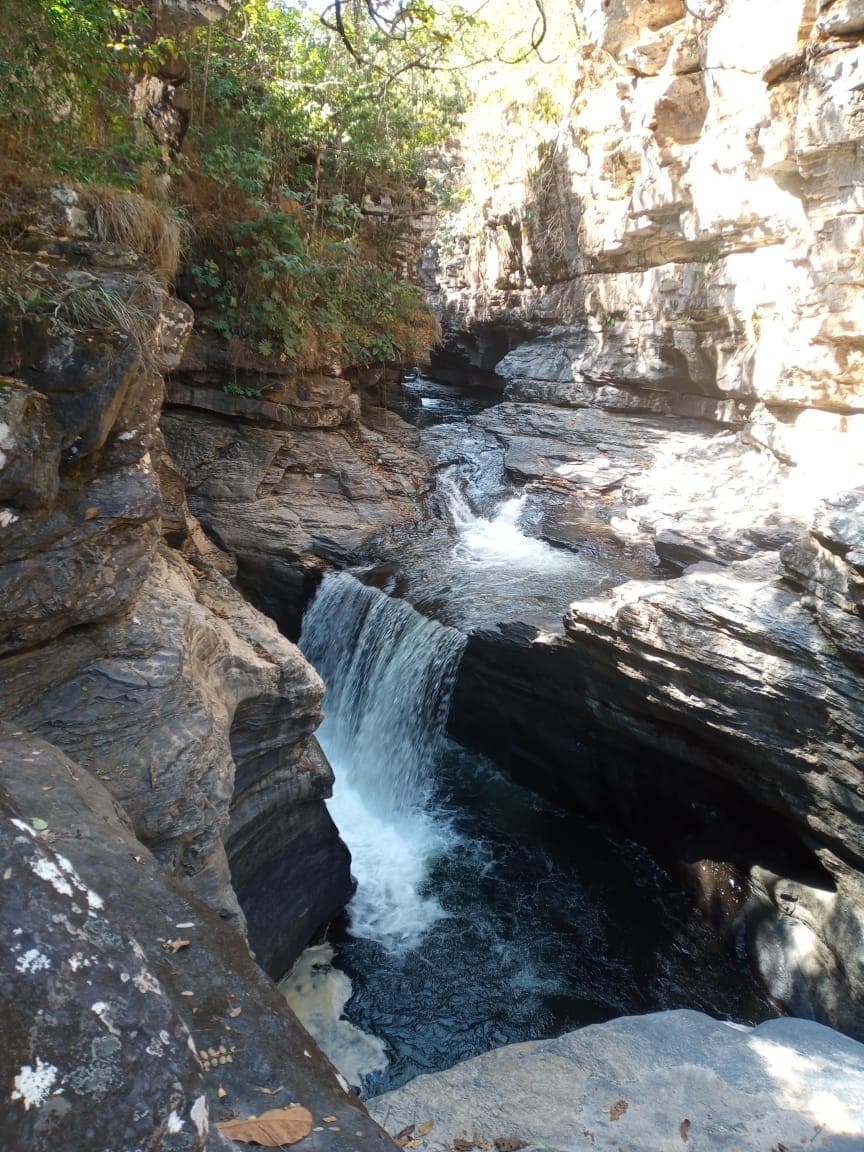 A narrow canyon is depicted, where water flows over a small waterfall into a calm pool below. Rock formations with varying textures and greenery are visible along the canyon walls, creating a natural oasis. Light filters through the trees above, illuminating the scene.