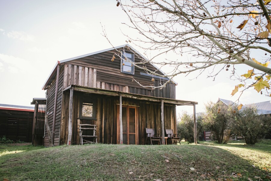 The rustic wooden accommodation is showcased from the front, featuring a sloped roof and large windows. Two chairs are positioned on the porch, inviting relaxation. The surrounding grassy area is complemented by a tree with sparse autumn leaves.