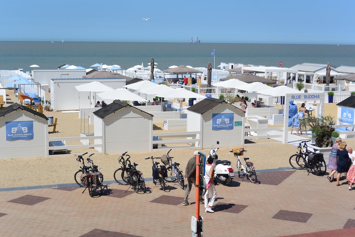 A beach scene features a row of white beach huts under large umbrellas, with sandy areas for relaxation. Several bicycles are parked nearby along the promenade, and a few visitors stroll along the path, while calm waves can be seen in the background.
