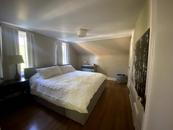 キングハッシュマットレスを備えたマスターベッドルームは超快適で、収納用のベッド下のローリング引き出し、クローゼットスペース、ドレッサーがあります。