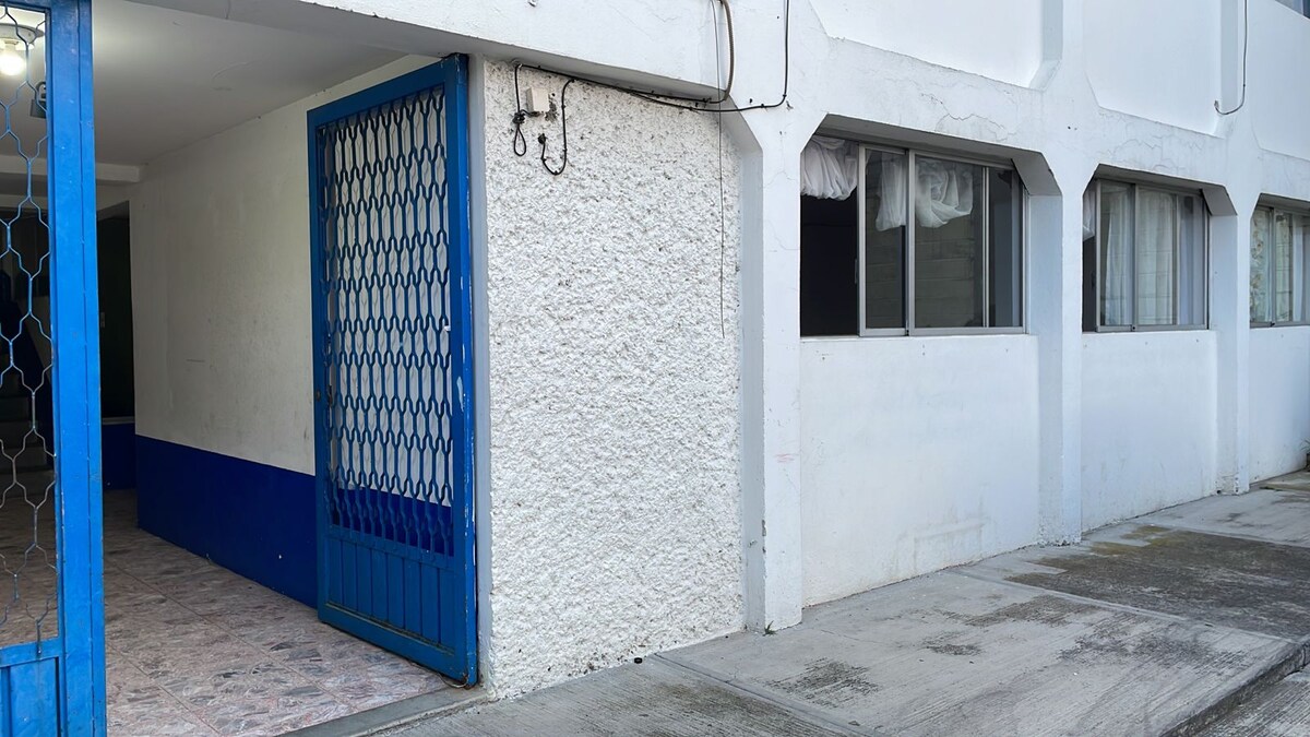 An entrance is framed by a blue gate, leading to a textured wall with a white and blue color scheme. Nearby, large windows allow for natural light to filter into the space, while a smooth concrete pathway provides access to the entrance.
