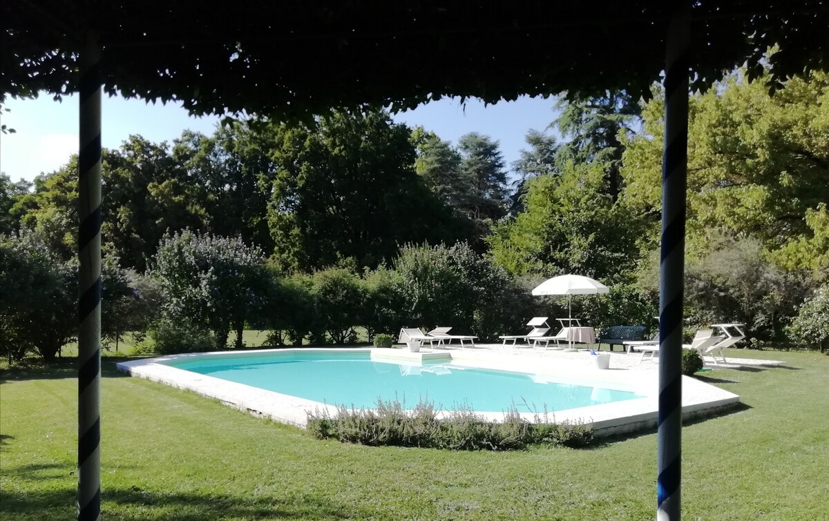 A tranquil pool surrounded by lush greenery invites relaxation. Sun loungers and an umbrella are positioned near the water's edge, while views of shrubs and trees create a serene atmosphere. The pool area is accessible from the expansive garden, featuring well-maintained grass.