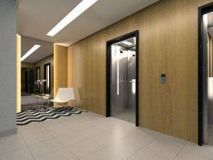 A contemporary corridor features sleek elevators framed by wooden walls. Neutral-toned tiles invite a clean look, while an abstract patterned rug adds a subtle touch of design. A modern chair is positioned nearby, contributing to the open and well-lit space.