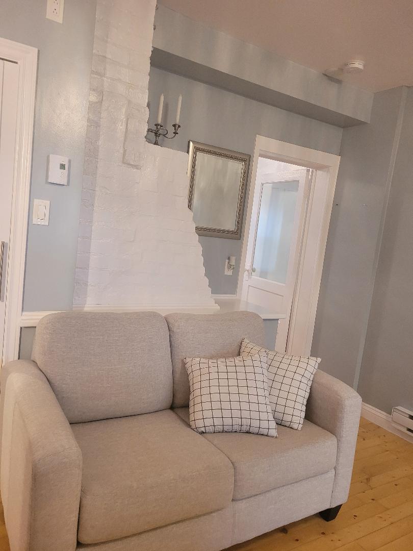 A light grey couch is positioned against a softly painted wall, adorned with a decorative mirror. A white brick feature adds character, while two decorative pillows enhance the seating area. A doorway leads to a bright, inviting space in the background.