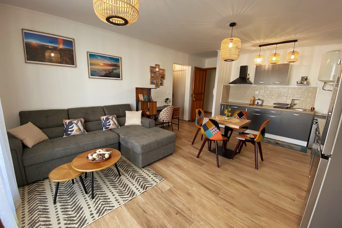 An open living area showcases a spacious gray sofa with decorative cushions, complemented by a patterned area rug. A dining table surrounded by colorful chairs is positioned nearby, and the kitchen area features sleek cabinetry and modern appliances, contributing to a cozy gathering space.