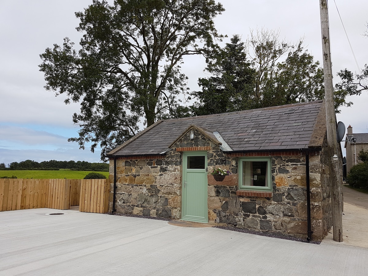 A quaint stone cottage features a green front door and large windows, set against a backdrop of open fields and lush trees. The surrounding area is paved and includes a wooden fence, contributing to the serene, rural atmosphere.