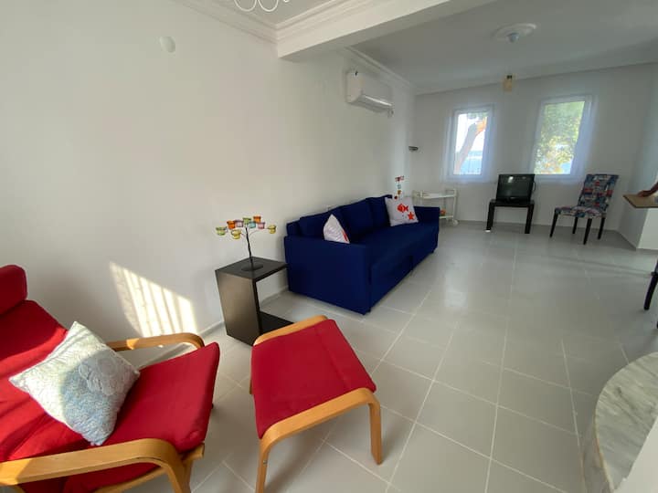 Приземен етаж. Всекидневна. 

Разтегателният диван Blue Ikea се превръща в легло за двама. Има и единично преносимо легло. 