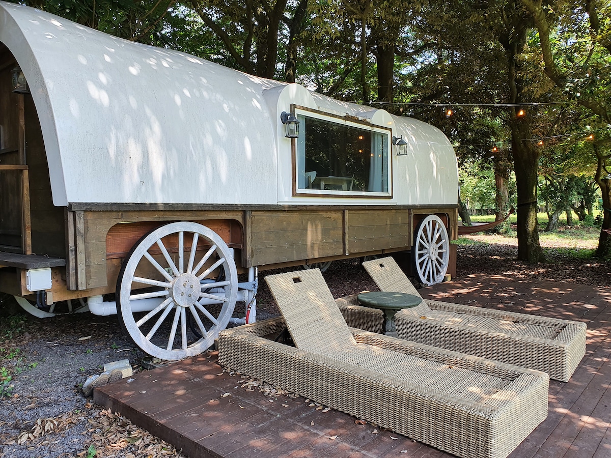 A unique structure resembling a rustic wagon is situated among trees. Two lounge chairs made of woven material are placed on a wooden deck alongside a small round table, creating a cozy outdoor seating area illuminated by string lights.