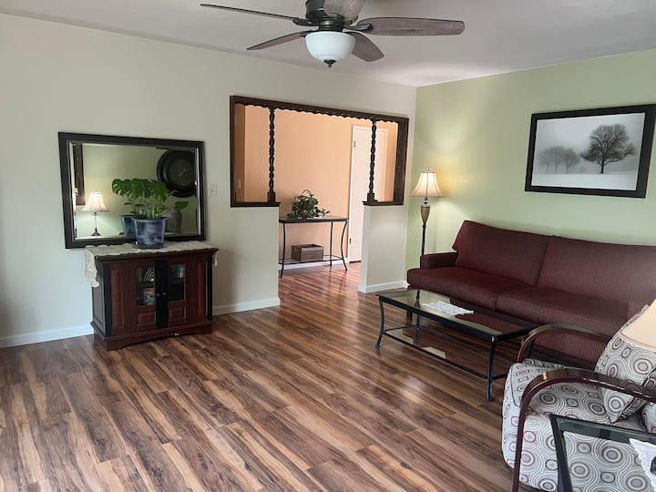 Dhoma e ndenjjes: dyshemeja e re sjell një freski në pajisjet e bukura të stilit të viteve '70 në të gjithë shtëpinë. 