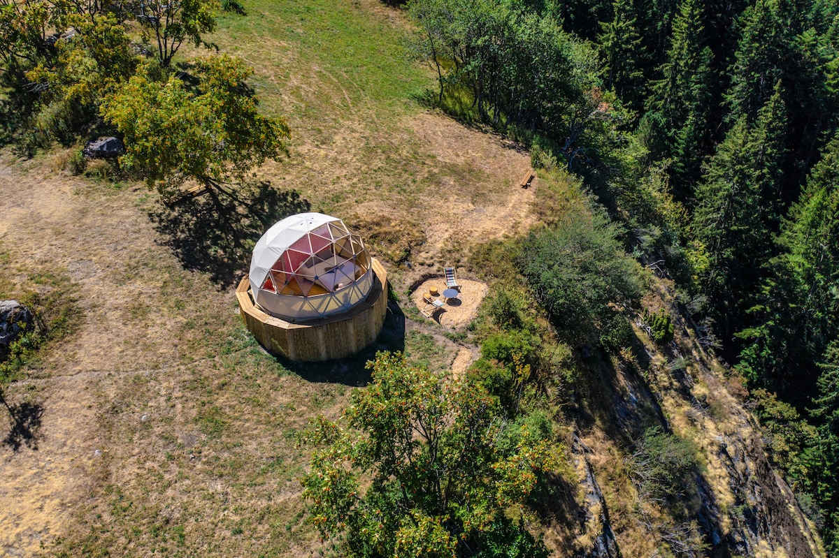 An aerial view captures a spacious dome situated on a grassy area, surrounded by trees and nature. A designated fire pit area is visible nearby, featuring seating arranged around it. The dome's structure is complemented by the natural landscape, providing a serene outdoor setting.