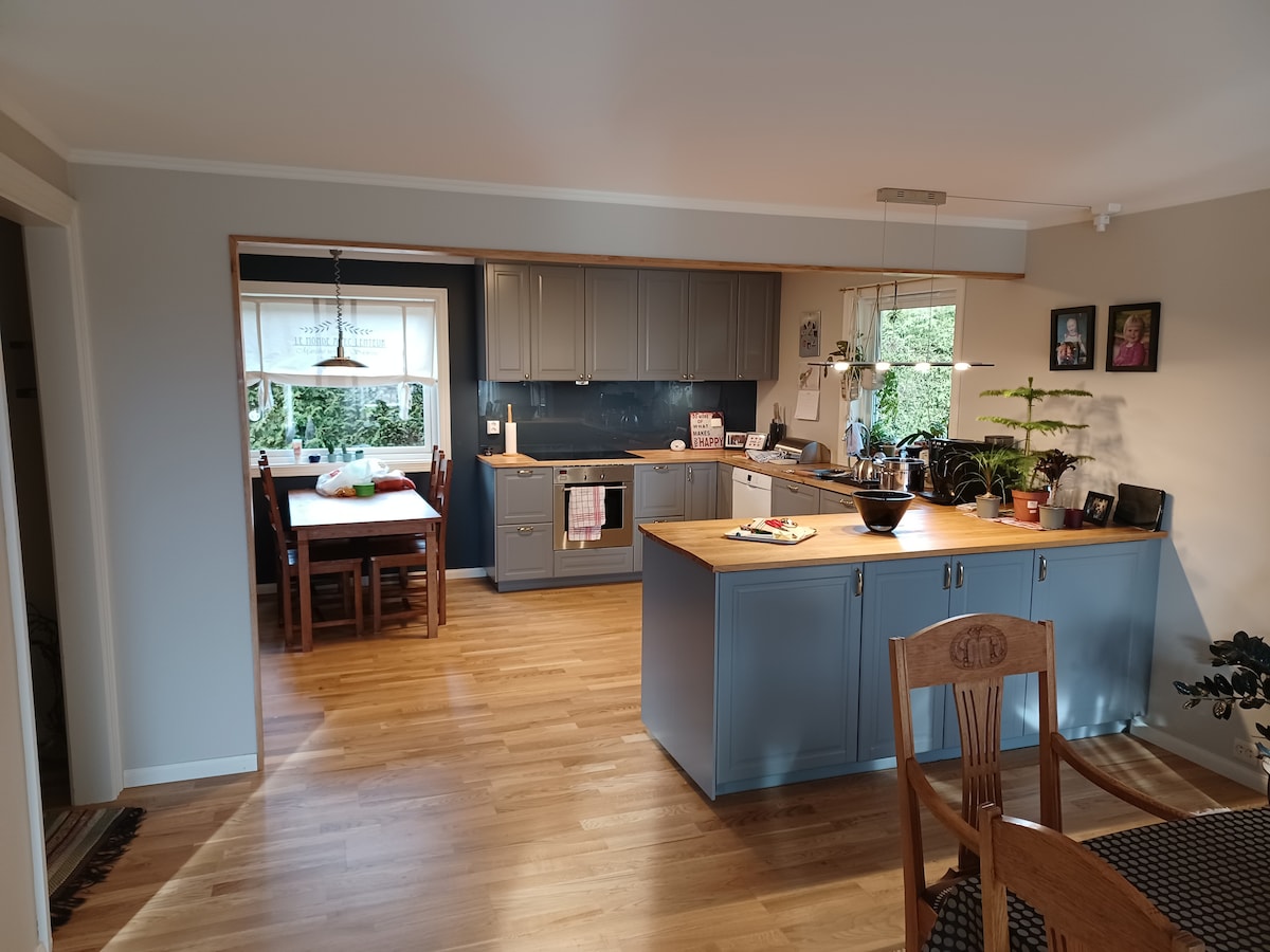 An open kitchen features a large central island with a wooden countertop and gray cabinetry. Adjacent to the kitchen, a dining area includes a wooden table surrounded by chairs, while greenery is visible through the windows, enhancing the inviting ambiance.