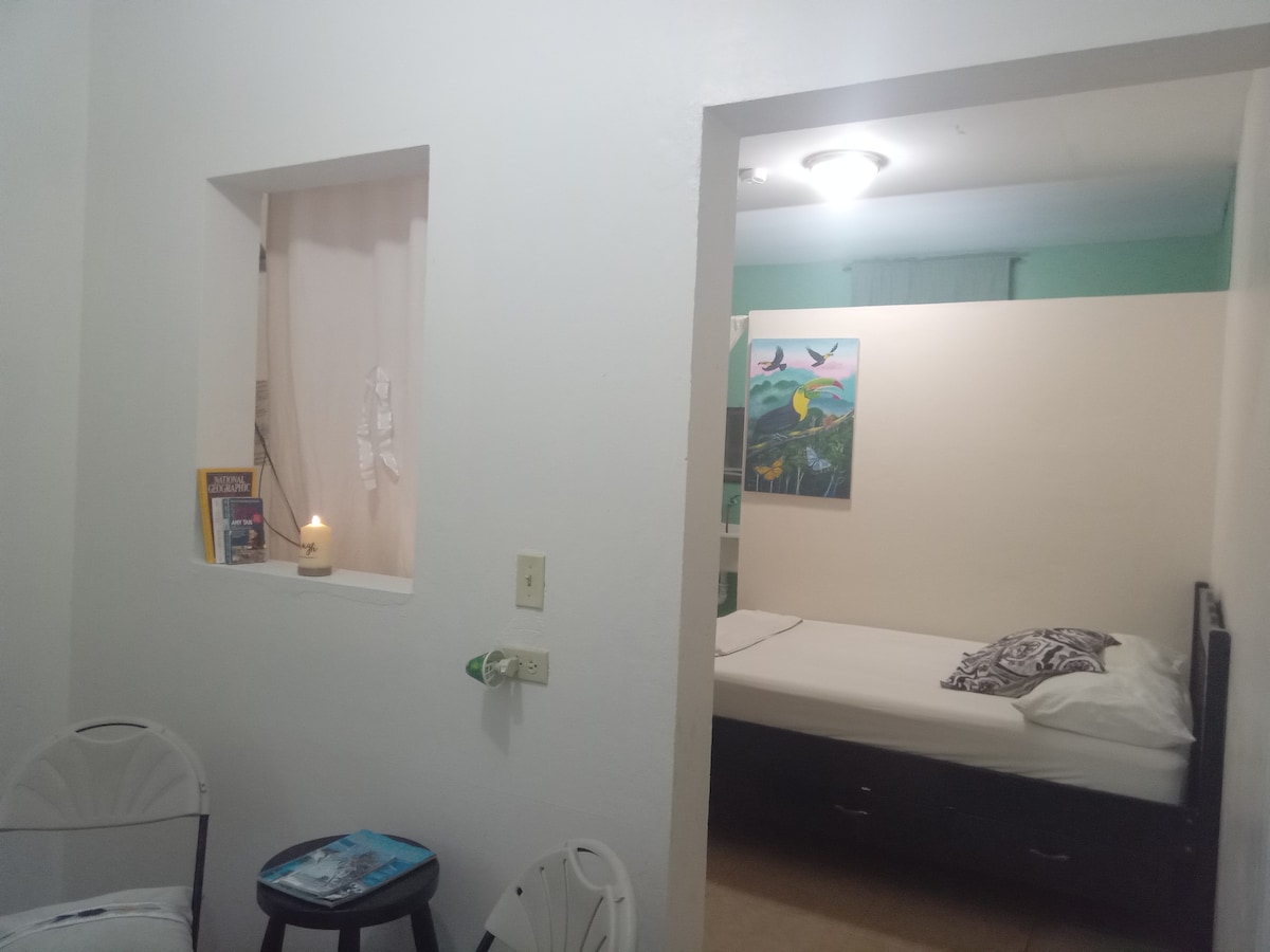 A clean room is visible through an entryway, featuring a simple bed with decorative pillows. A candle and books are placed on a small table, while an artwork depicting birds adorns the wall. Natural light enters from a nearby window, complementing the bright ambiance.