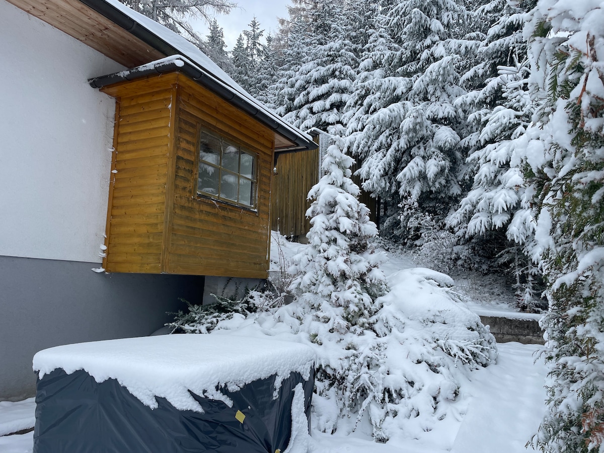 A snow-covered exterior showcases a wooden structure with a single window, set against a backdrop of tall evergreen trees. A layer of fresh snow blankets the ground, adding to the serene winter atmosphere.