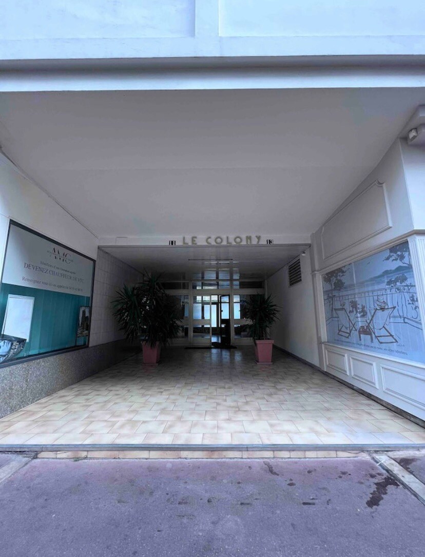 An entrance area is seen, featuring tiled flooring and potted plants on either side. Glass doors lead to a brightly lit interior, with a welcoming display of artwork on the wall to the right, highlighting leisure activities and local scenery.