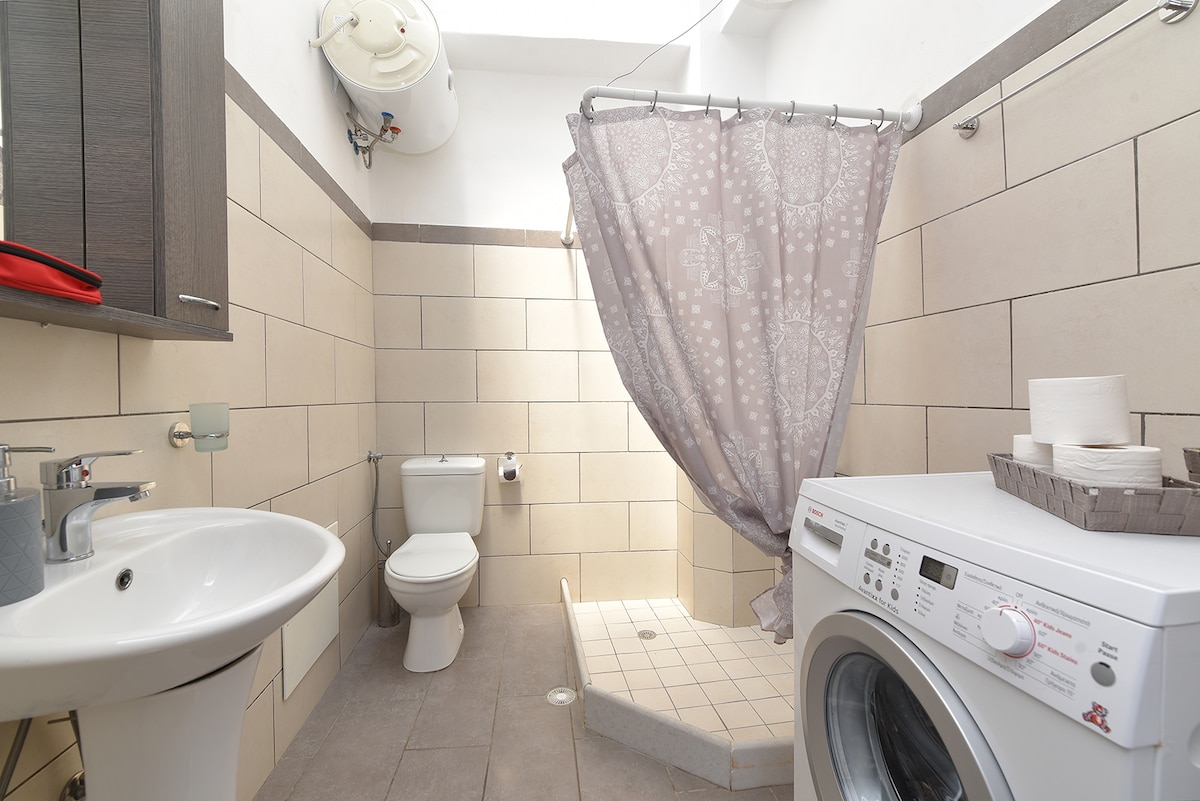 The bathroom features a modern design with beige tiled walls and a spacious shower area. A curtain offers privacy, while essential amenities include a toilet, a sink, and a washing machine. Natural light enters through a skylight above, enhancing the functionality of the space.